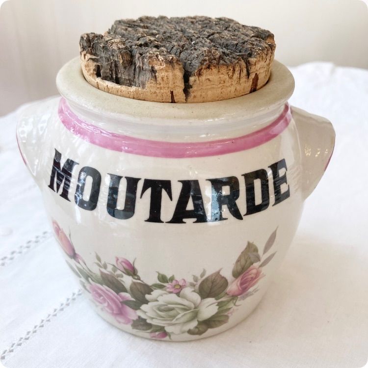 フランスアンティーク マスタードポット｜「MOUTARDE」白とピンク薔薇
