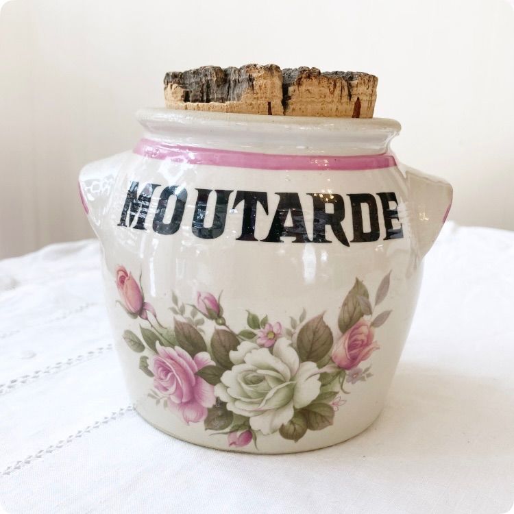 フランスアンティーク マスタードポット｜「MOUTARDE」白とピンク薔薇