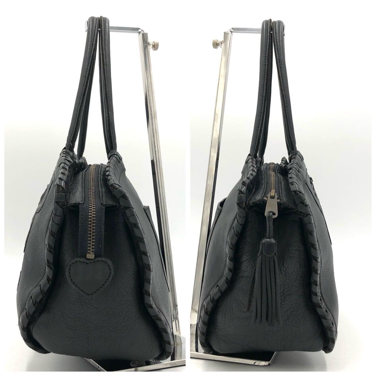 イビザ IBIZA ハンドバッグ 黒 レザー パッチワーク タッセル 編み込み