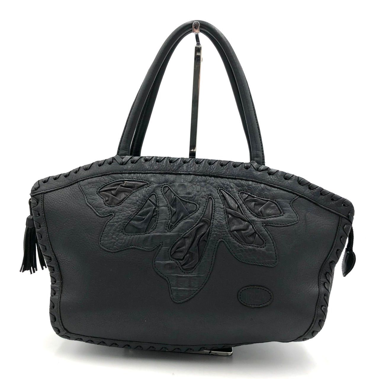 イビザ IBIZA ハンドバッグ 黒 レザー パッチワーク タッセル 編み込み