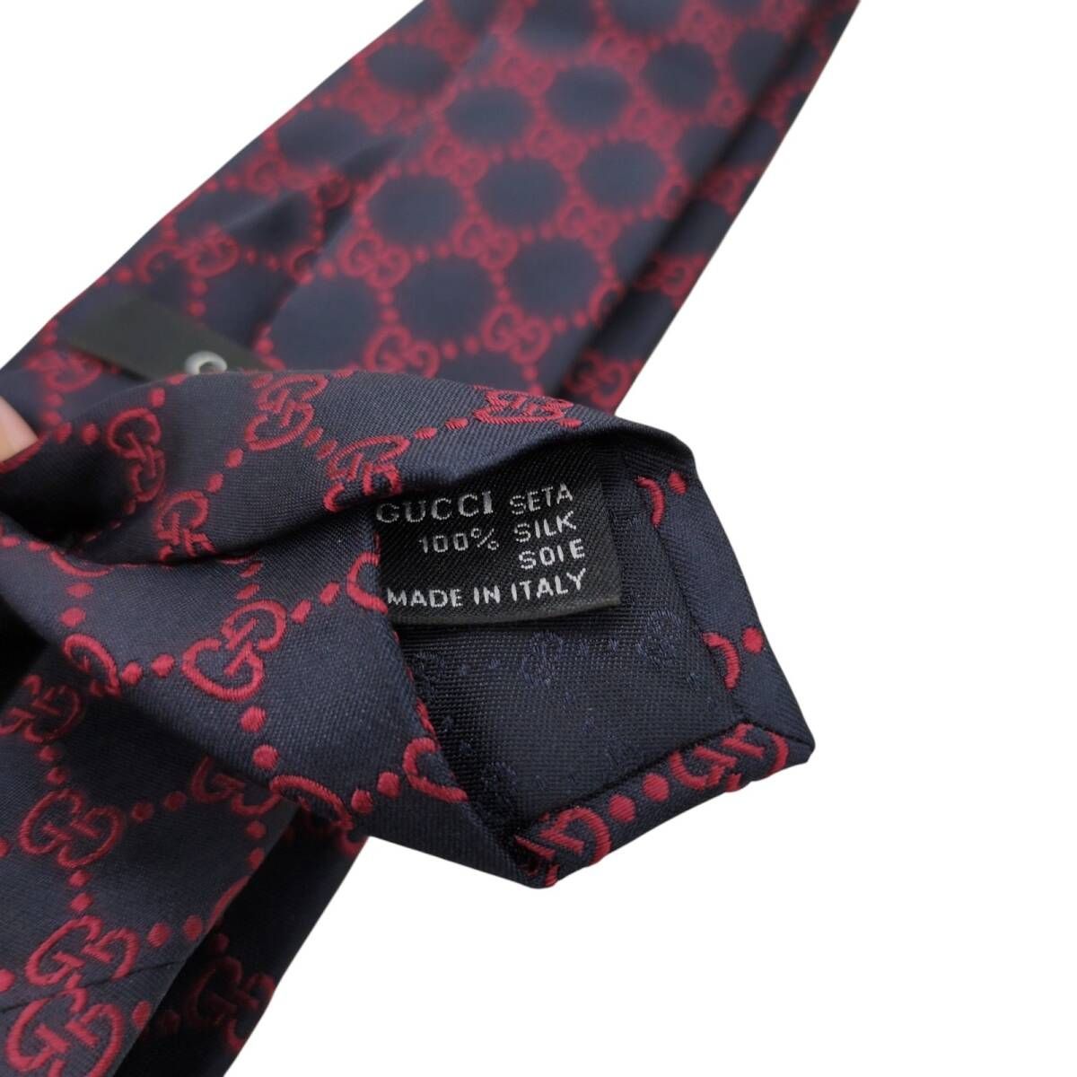 美品 GUCCI グッチ ネクタイ ネイビー シルク 100% GG柄 ビジネス