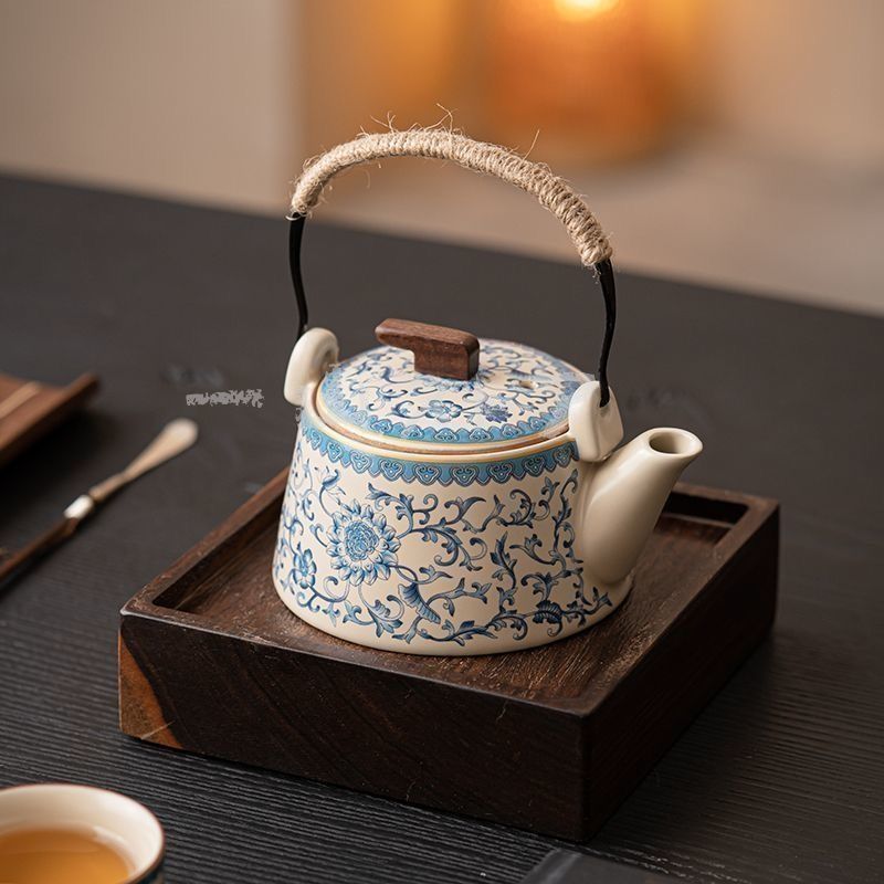 新品・未使用】 汝窯青花茶壺、小サイズの提梁壺、セラミック茶具、汝