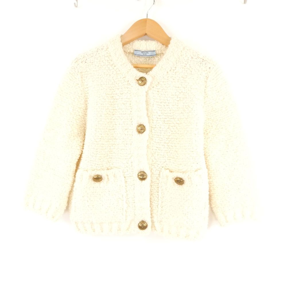 美品 PRADA プラダ P25L98 2023年製 ブークレモヘア カーディガン 38 バージンウール他 7分袖ノーカラーニットジャケット 金ボタン レディース AU3697W2 美品 PRADA プラダ P25L98 2023年製 ブークレモヘア カーディガン 38