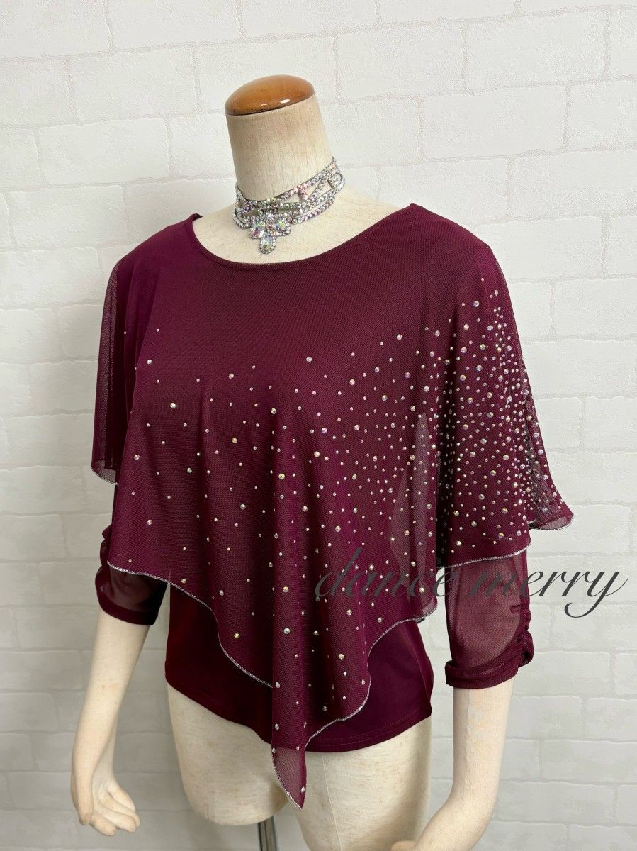 新品 豪華 社交ダンス ワイン 赤 トップス キラキラ ラテン ワルツ