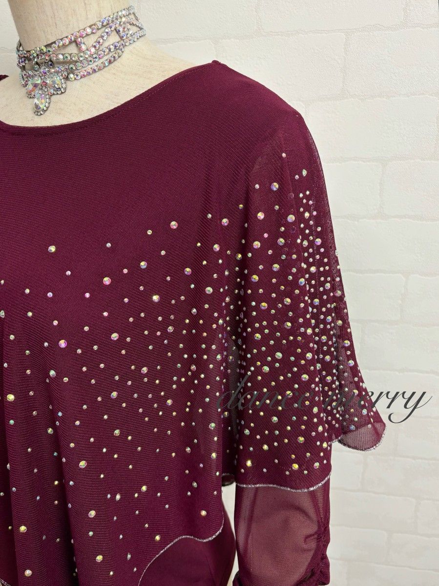 新品 豪華 社交ダンス ワイン 赤 トップス キラキラ ラテン ワルツ