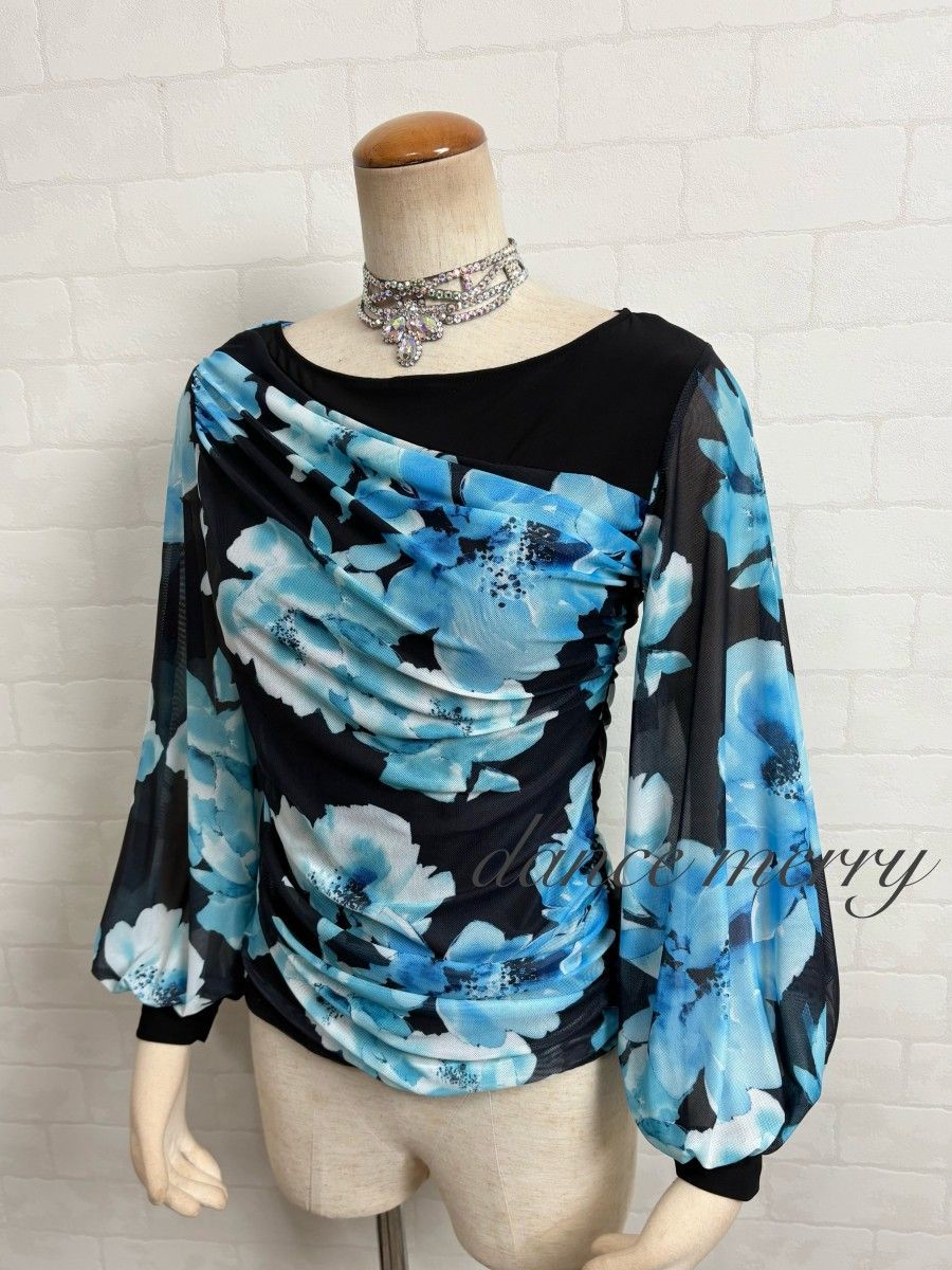 新品 社交ダンス トップス 黒 水色 青 バルーン袖 長袖 ワルツ ラテン