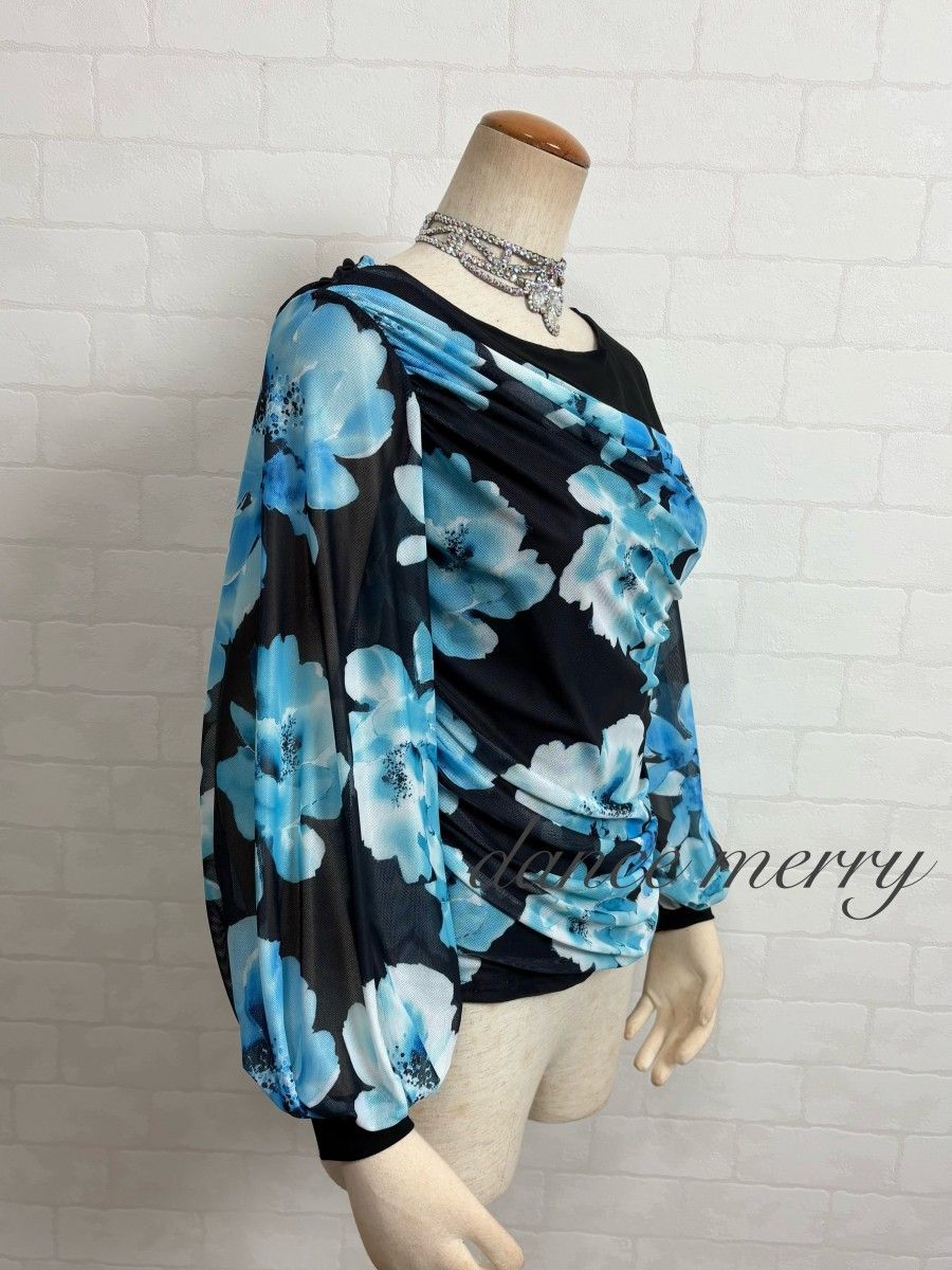 新品 社交ダンス トップス 黒 水色 青 バルーン袖 長袖 ワルツ ラテン