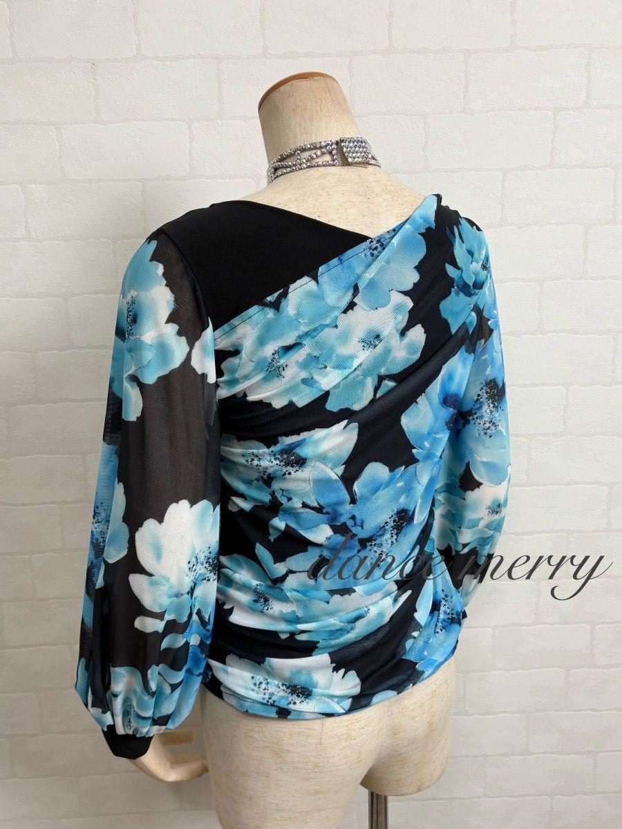 新品 社交ダンス トップス 黒 水色 青 バルーン袖 長袖 ワルツ ラテン