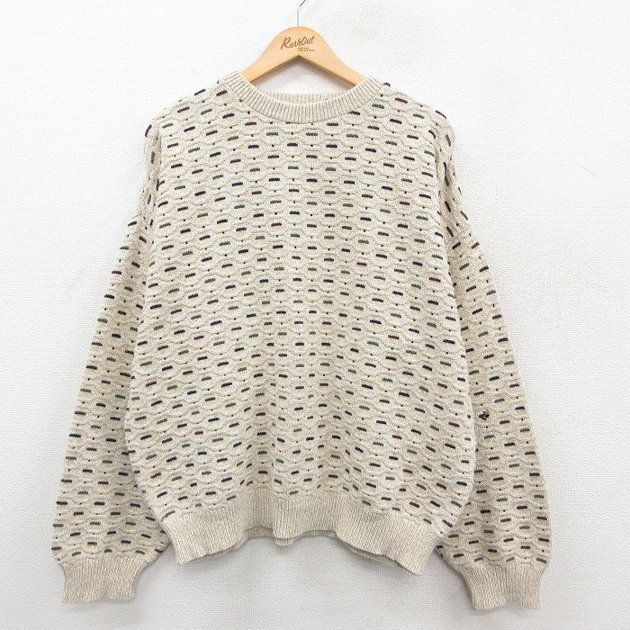 XL/古着 長袖 セーター メンズ 90年代 90s 総柄 大きいサイズ クルーネック USA製 薄ベージュ他 25dec04