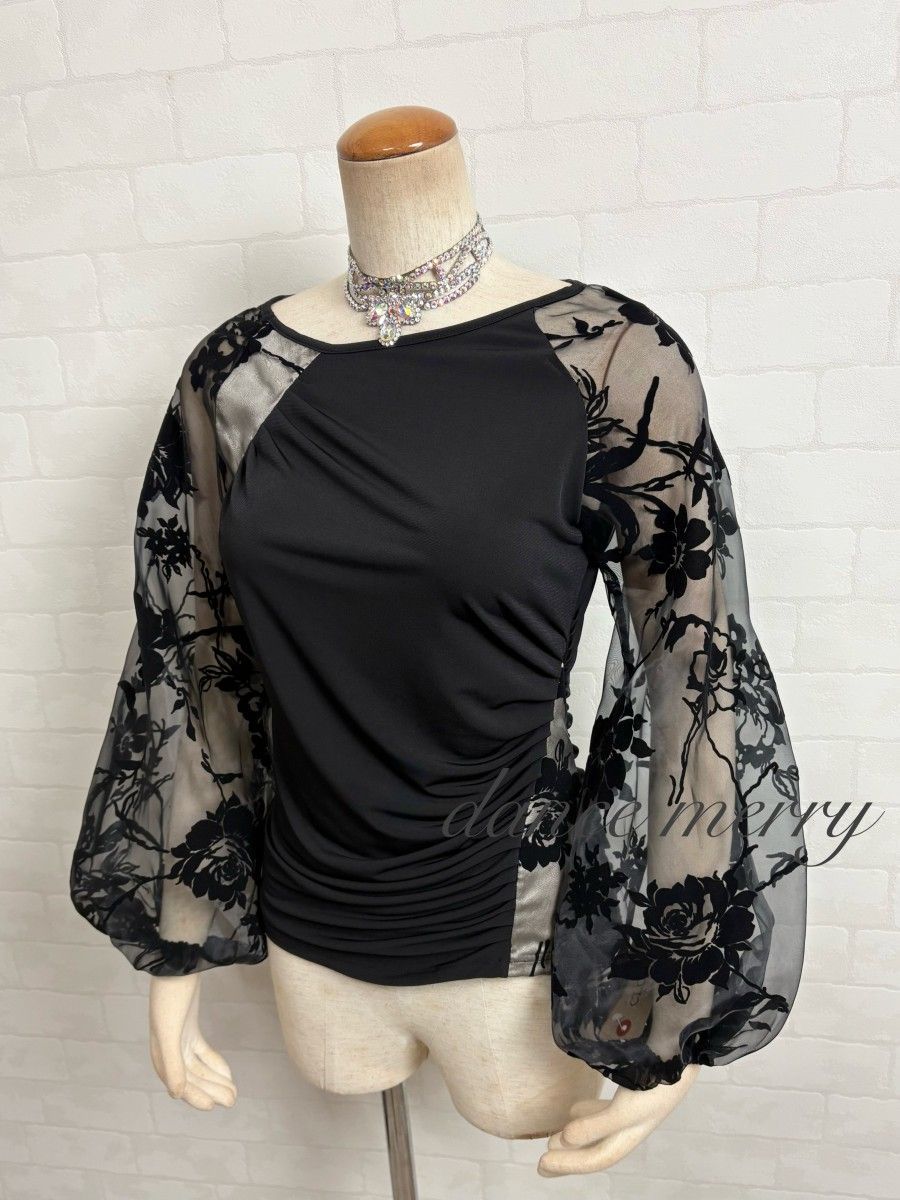 新品 社交ダンス トップス 黒 ベージュ 長袖 バルーン袖 パーティ
