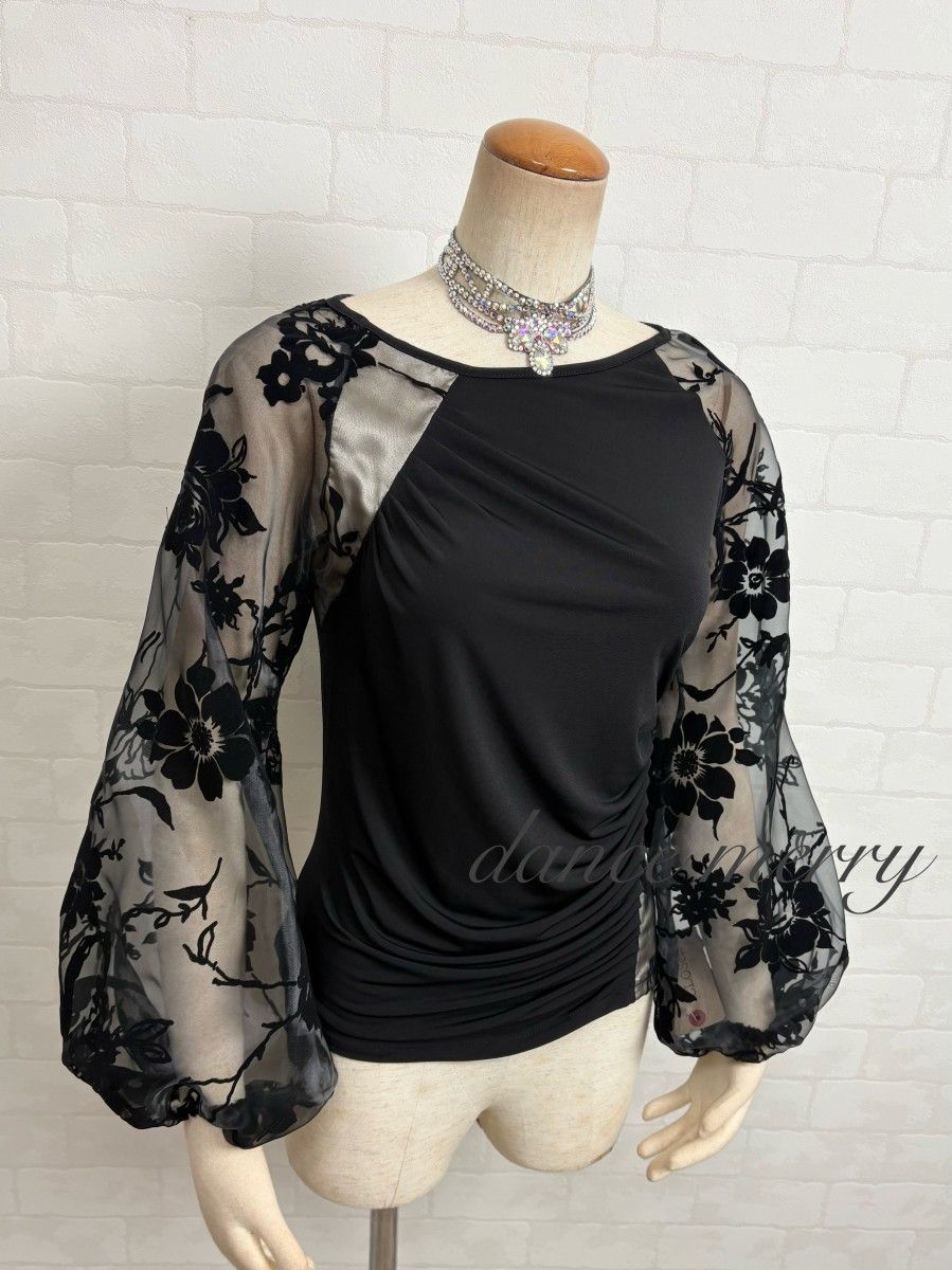 新品 社交ダンス トップス 黒 ベージュ 長袖 バルーン袖 パーティ