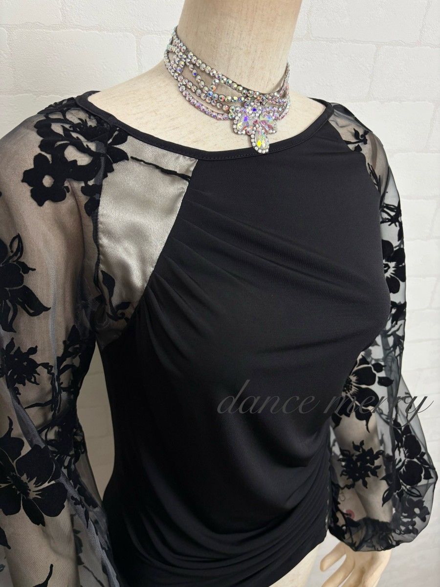 新品 社交ダンス トップス 黒 ベージュ 長袖 バルーン袖 パーティ