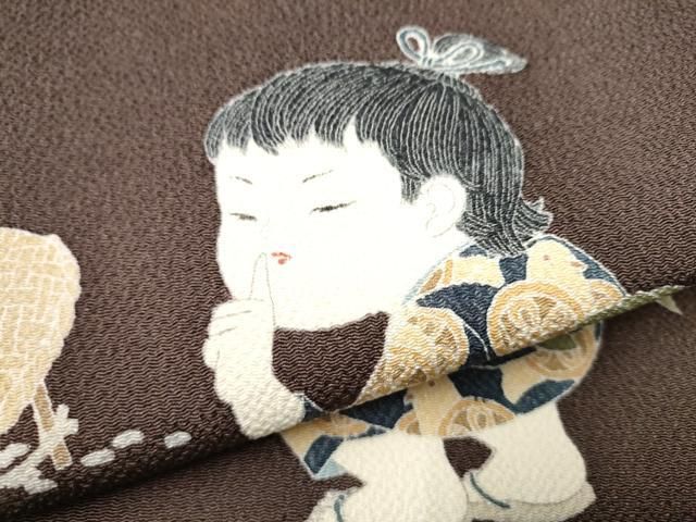 平和屋着物●訪問着　友禅　童子遊び　正絹　逸品　DABC2553ud 平和屋着物○十日町友禅作家 関口遼一 つけ帯 童子遊び 鬼しぼ縮緬