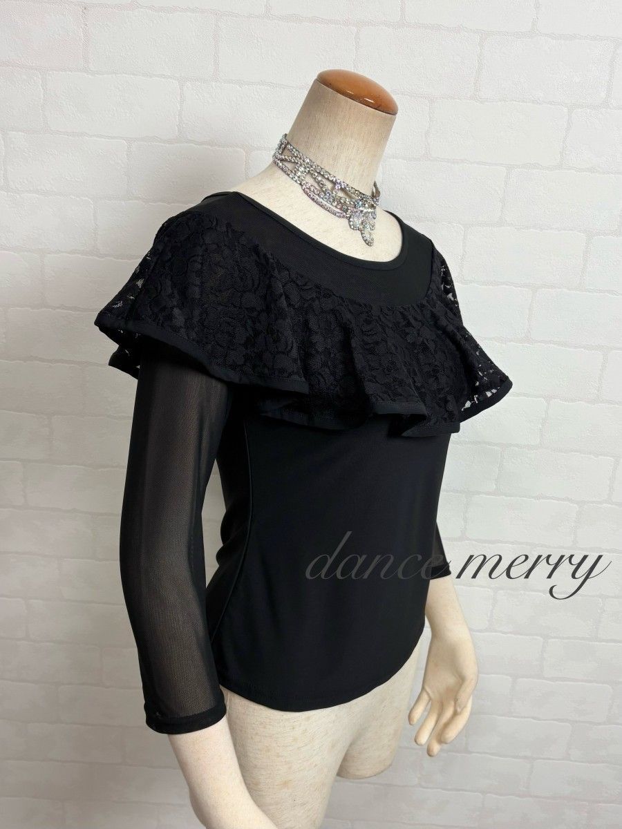 新品 社交ダンス 黒 レース フリル トップス レッスン パーティ 2333