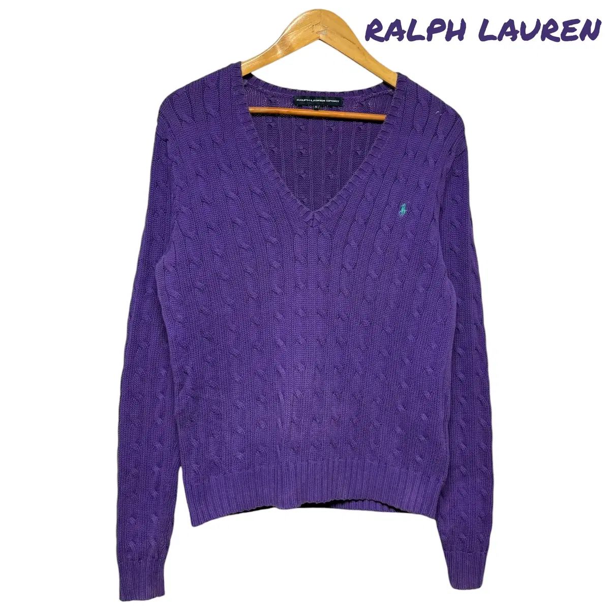 3767 ラルフローレン パープル Vネック ケーブル編み ケーブルニット