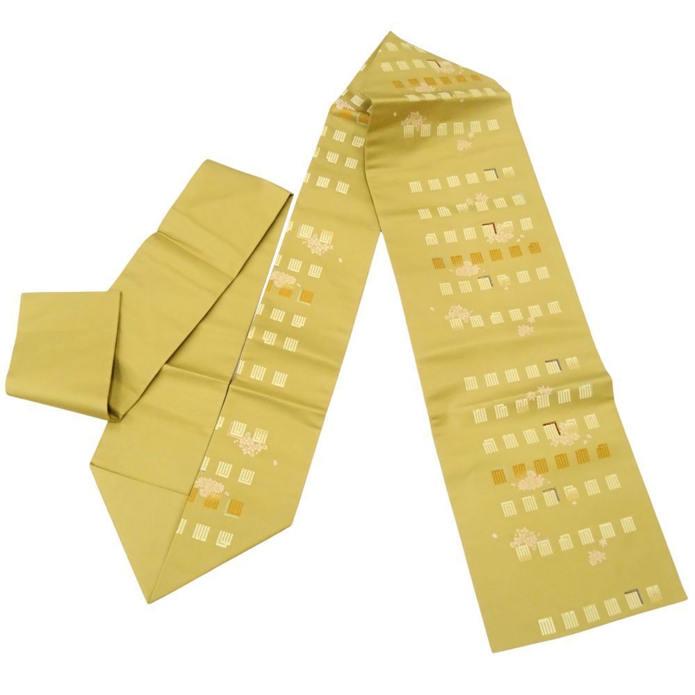 売約済み【年末年始のお出かけ用に】★★新品未使用　正絹　名古屋帯★★ 名古屋帯 正絹 新品 未仕立て「ベージュ 四季花の丸文」正絹帯 九寸帯