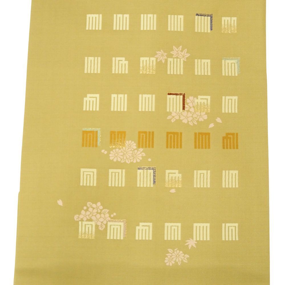 名古屋帯 正絹 リユース 未使用品 芥子色 源氏香 四季草花文様 8001-11