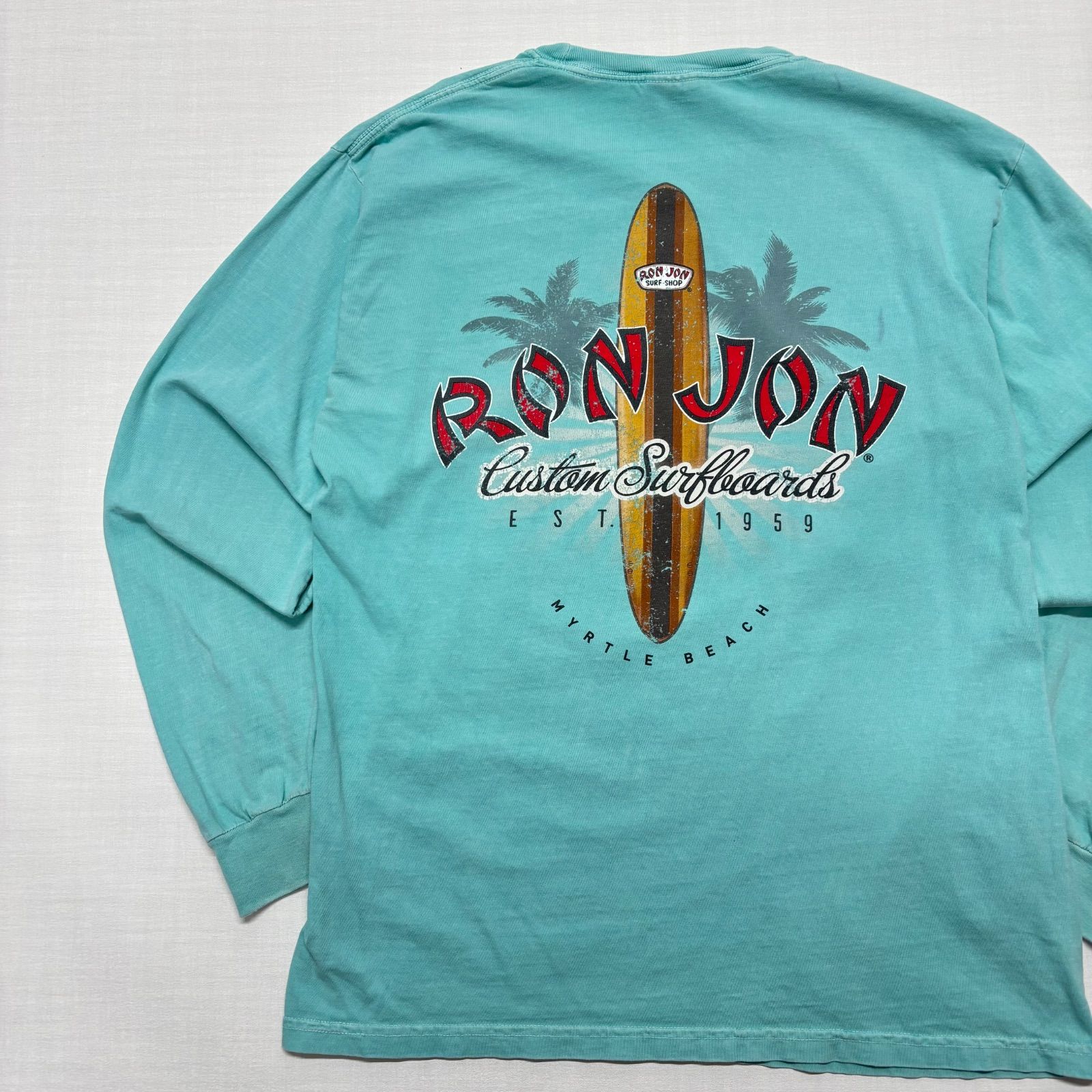 希少　92年製 RON JON ロンジョン　美品　袖プリ　オールドサーフ　ロンT RON JON ロンT M ミントグリーン ロンジョン サーフショップ バック
