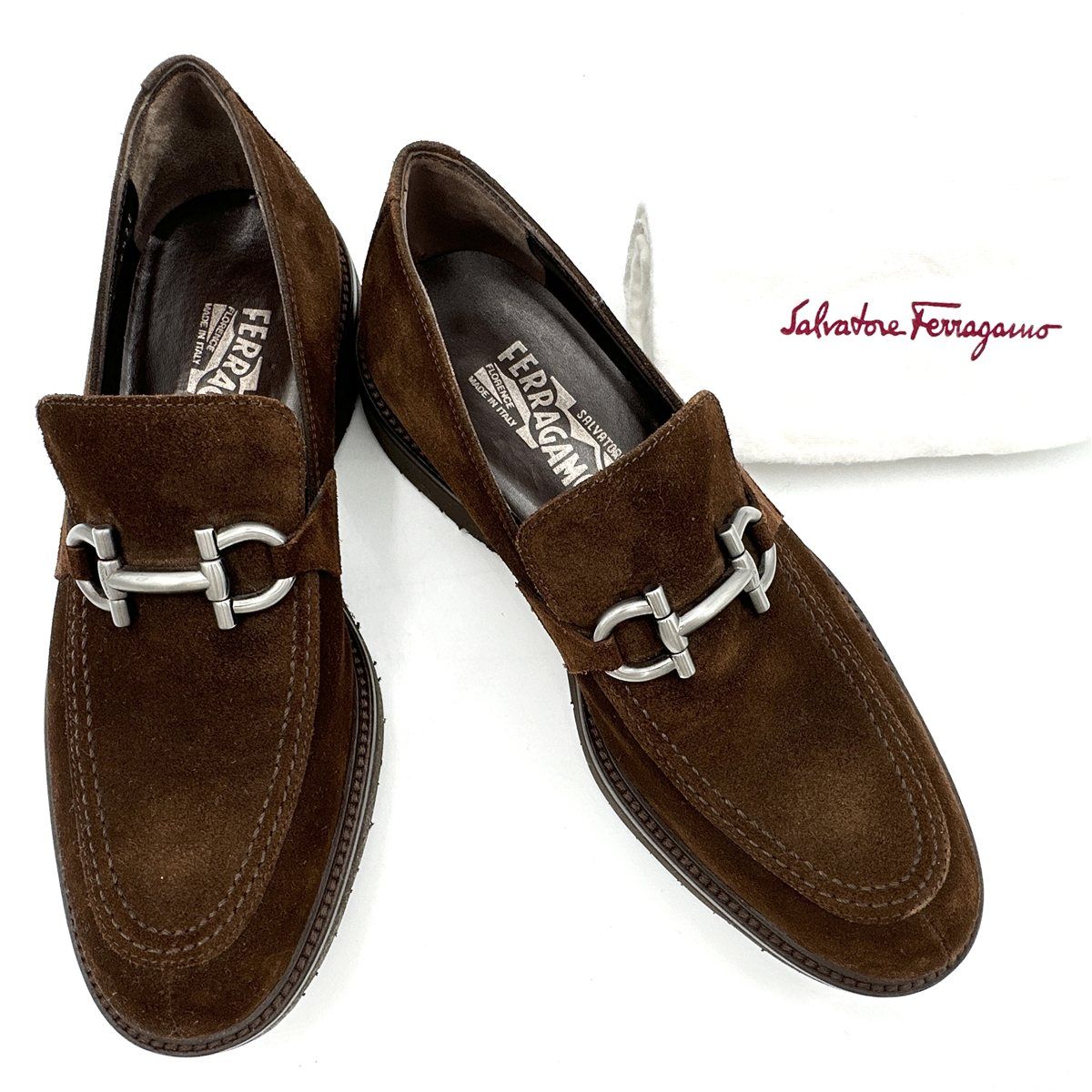 新品級 Ferragamo ビットローファー スエード ガンチーニ シルバー金具 ブラウン 1801T