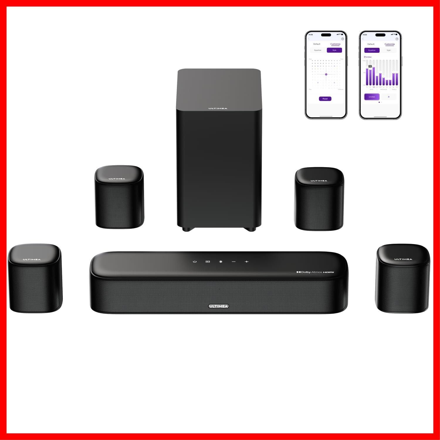 ホームシアター APP制御対応 映画|ゲーム|音楽に最適 BassMX搭載 eARC|Bluetooth|光|AUX|USB対応 HDMI サブウーファー＆サラウンドスピーカー付き ケーブル付属 350 W Atmos Aura Dolby