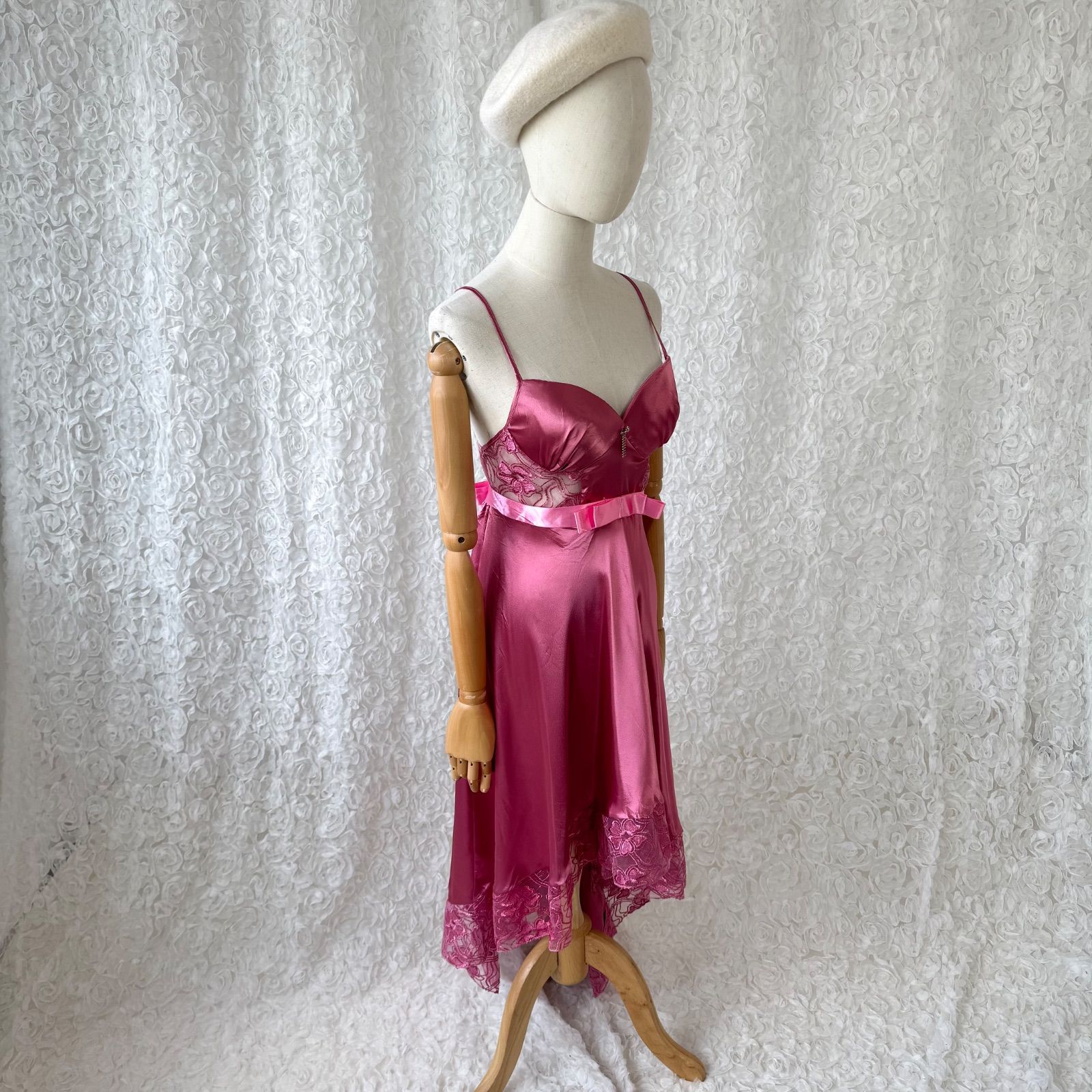 Y2K姫ギャル♡キャミソールドレス サテン×レース リボンベルト