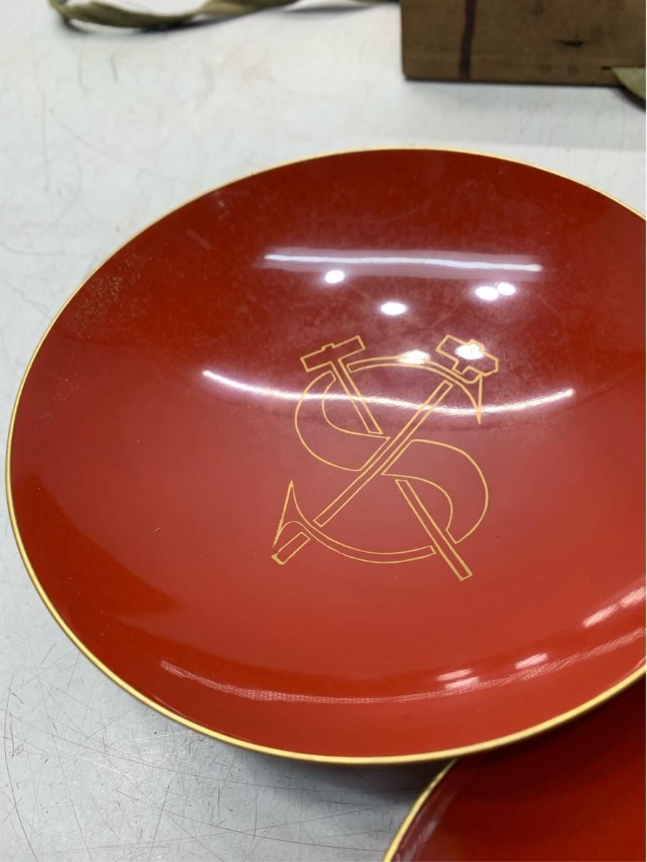 希少】明治時代 三越製 消防組 記念盃 朱塗り 三つ組盃 木箱入 S紋