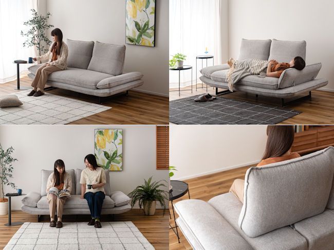 肘掛リクライニング2人掛けソファ幅197cm 背もたれ可動 北欧モダン