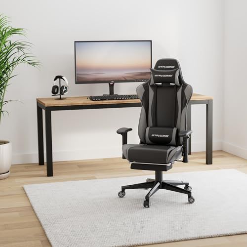 GTRacingゲーミングチェア オフィスチェア デスクチェア ゲーム用チェア リクライニング パソコンチェア ハイバック ヘッドレスト ランバーサポート ひじ掛け付き 高さ調整機能 PUレザー オットマン付き GT 002 F-GRAY 067 e 8 dc 2