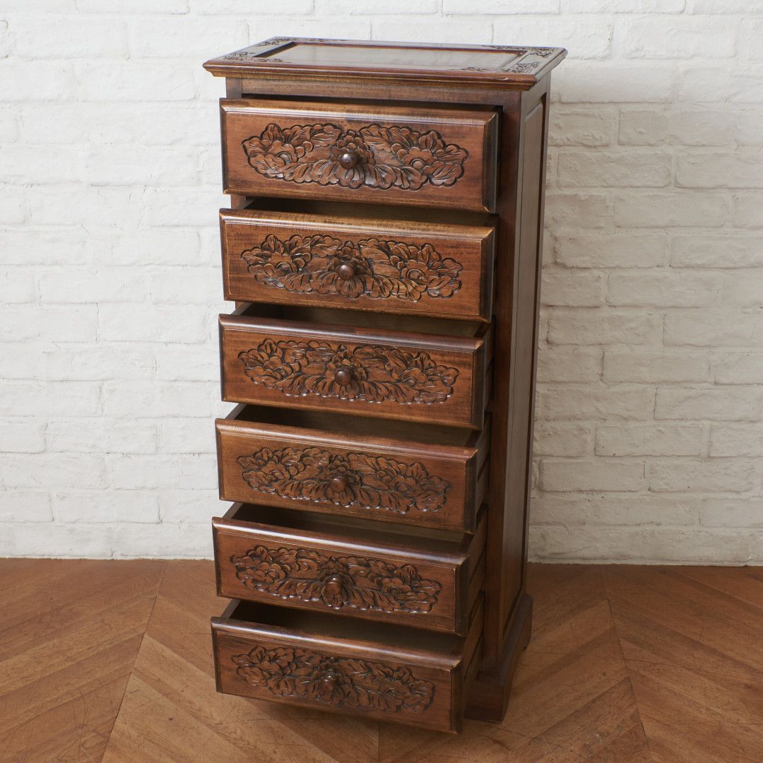 クラシック ハイチェスト 6段 木彫刻 チェスト 整理箪笥 和モダン 箪笥