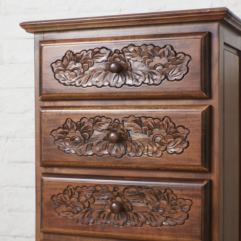 古い木製彫刻入りチェスト 6引き出し クラシック ハイチェスト 6段 木彫刻 チェスト 整理箪笥 和モダン 箪笥