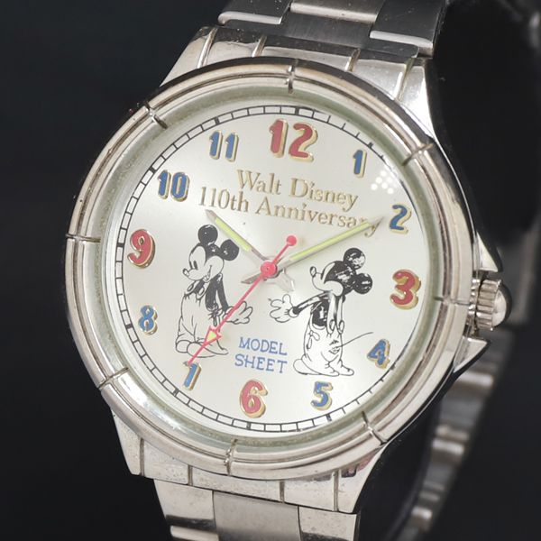 QZ ディズニー 110周年記念 ミッキーマウス シルバー文字盤 レディース
