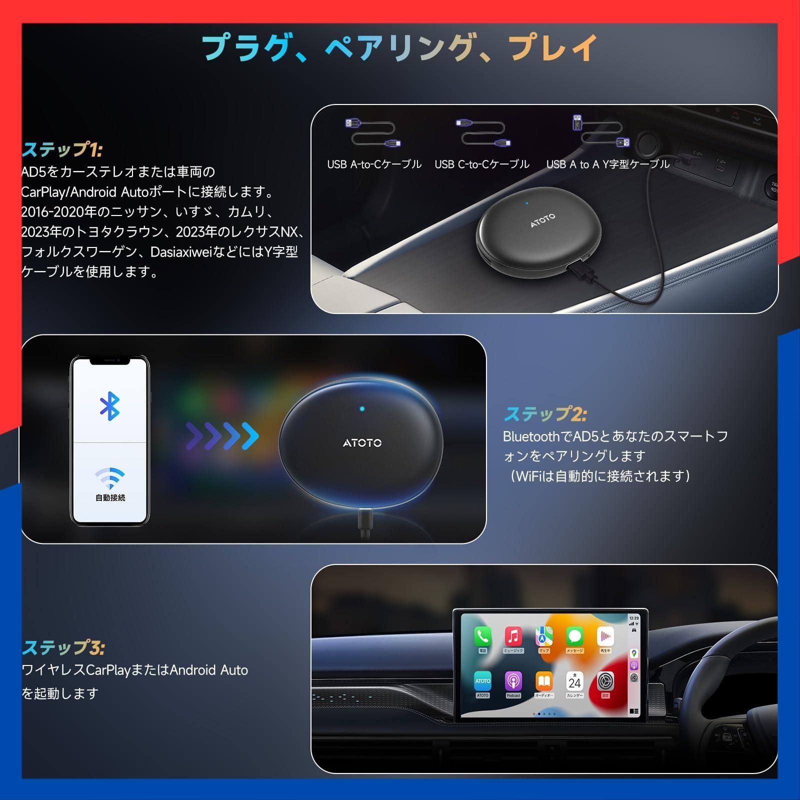Ai Box ワイヤレス ナビがAndroidタブレットに早変わり YouTube Netflix動画視聴 ワイヤレスCarPlay CarPlay - Android Auto両対応 AD 5 話せるAIアシスタントChatGPT搭載 OTA更
