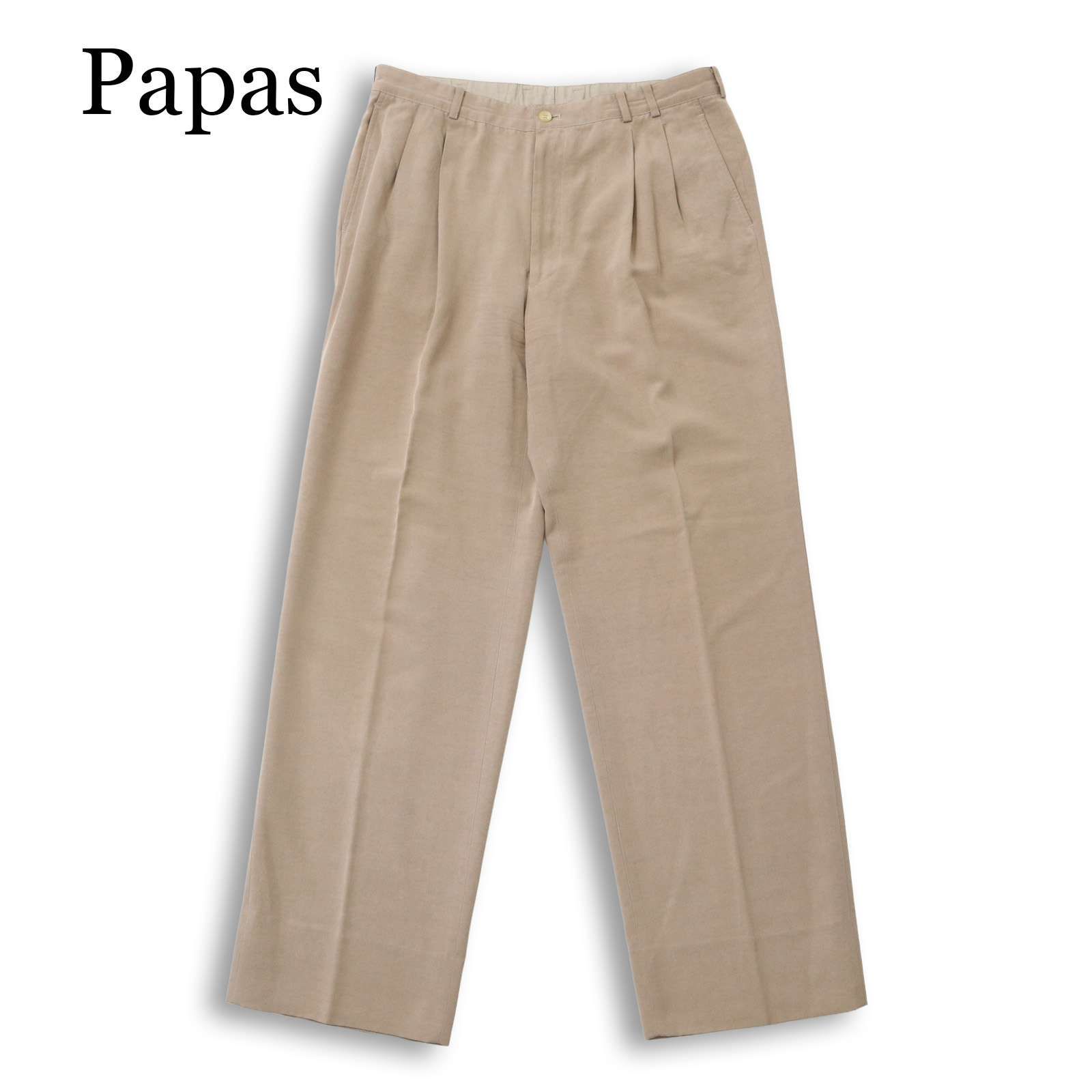 Papas パパス 通年 絹 シルク100％☆ タック スラックス パンツ Sz.LL
