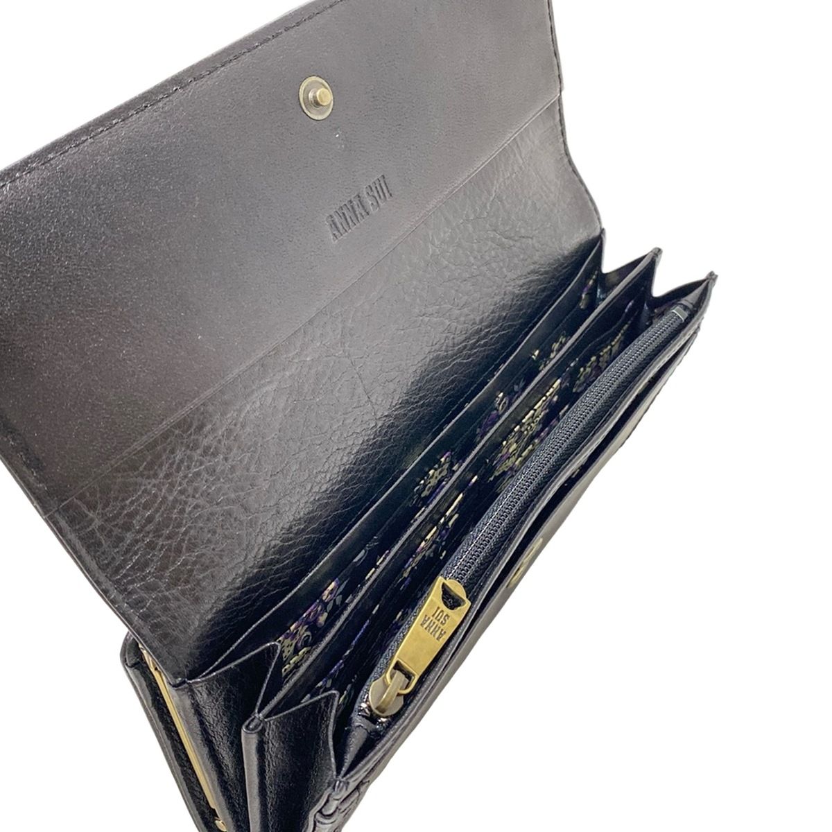 ANNA SUI(アナスイ) 長財布 - 黒×シルバー パンチング/バタフライ(蝶