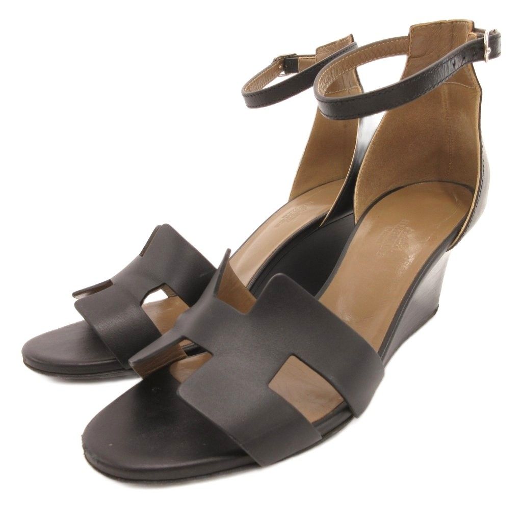 エルメス HERMES ストラップサンダル レザー Hデザイン 37.5 黒