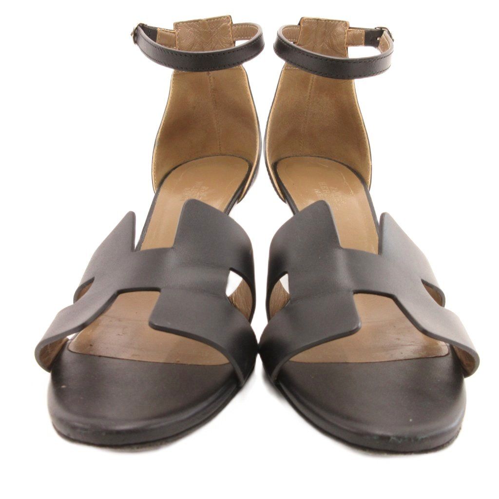 エルメス HERMES ストラップサンダル レザー Hデザイン 37.5 黒