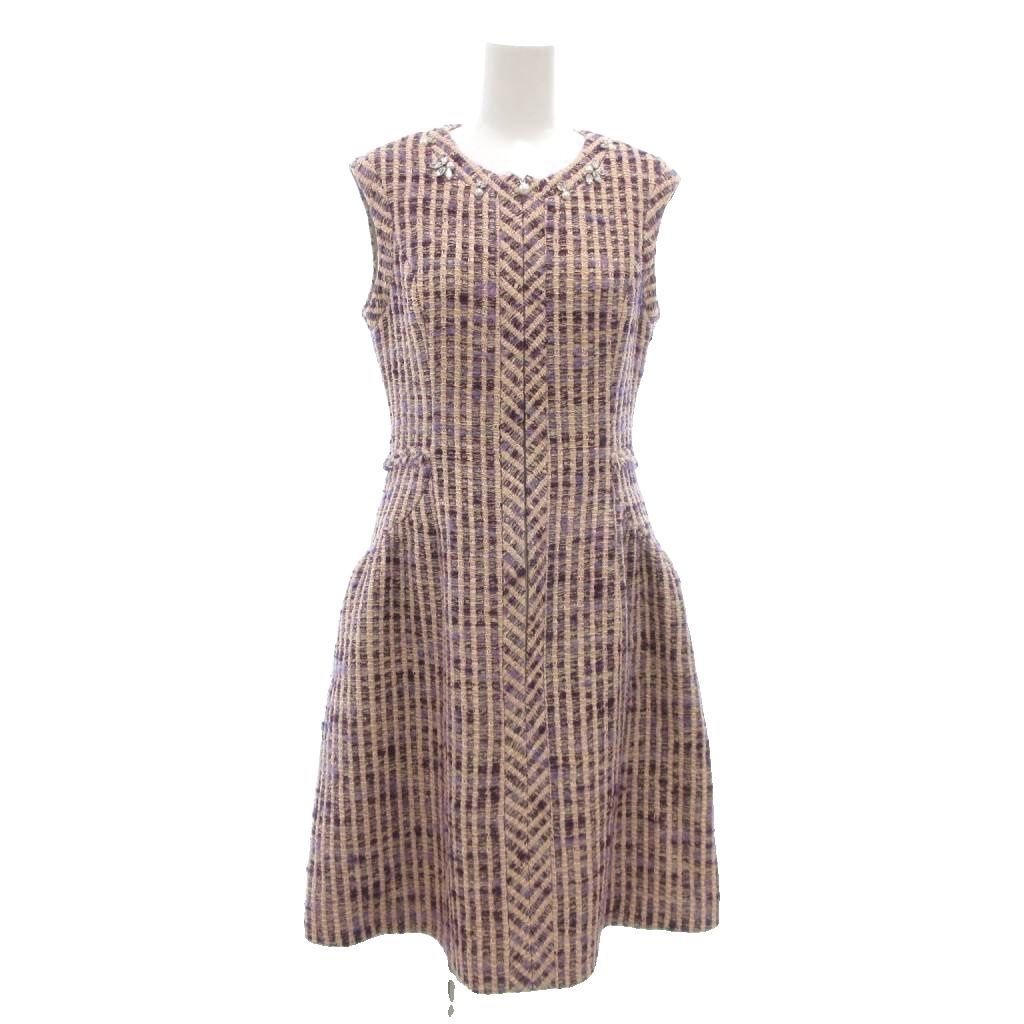 新品 ルネ TISSUE ツイード ノースリーブワンピース ビジュー シルク ルネ Rene 美品 TISSUE ツイード ノースリーブ ワンピース ビジュー 36