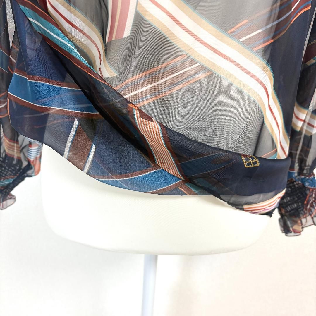 美品】 ANAYI シアーブラウス 長袖 38 ネイビー リボンチェック柄 