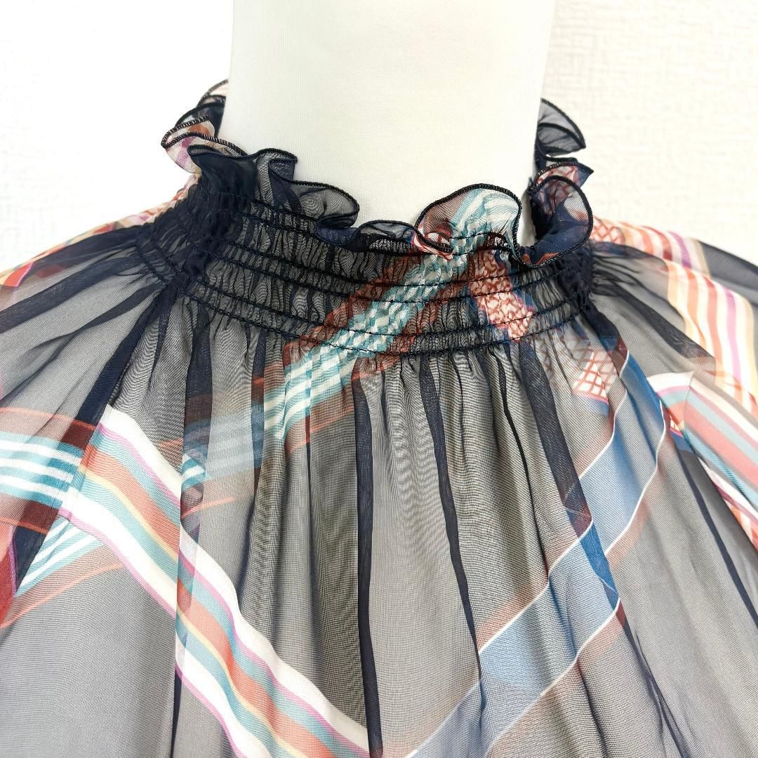 美品】 ANAYI シアーブラウス 長袖 38 ネイビー リボンチェック柄 