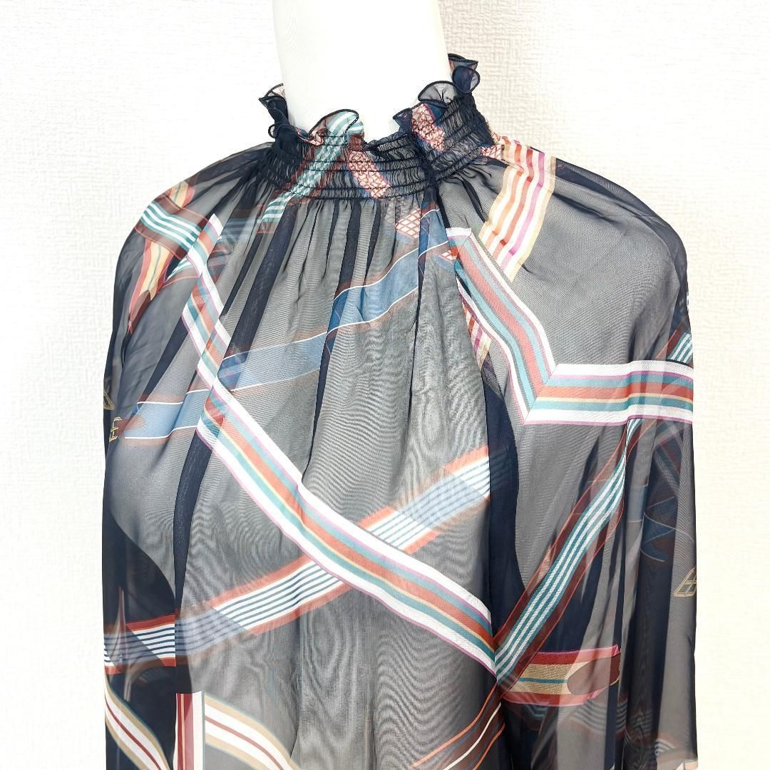 美品】 ANAYI シアーブラウス 長袖 38 ネイビー リボンチェック柄 
