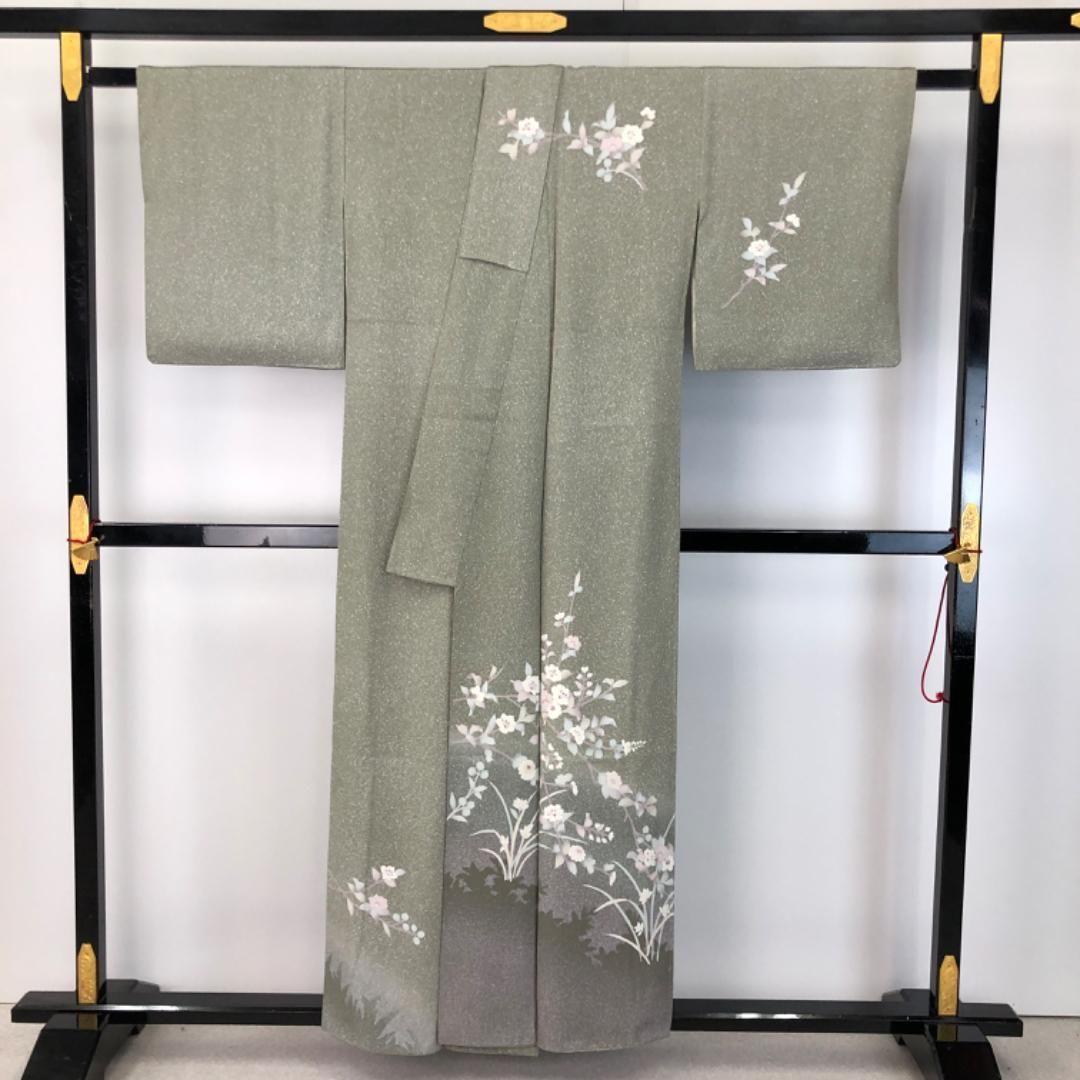 ☆ 付下げ 型染 花草模様 花喰い鳥 暈し 江戸鼠色 縮緬 K-5509 ☆ 付下げ 型染 花草模様 花喰い鳥 暈し 江戸鼠色 縮緬 K-5509 付下げ