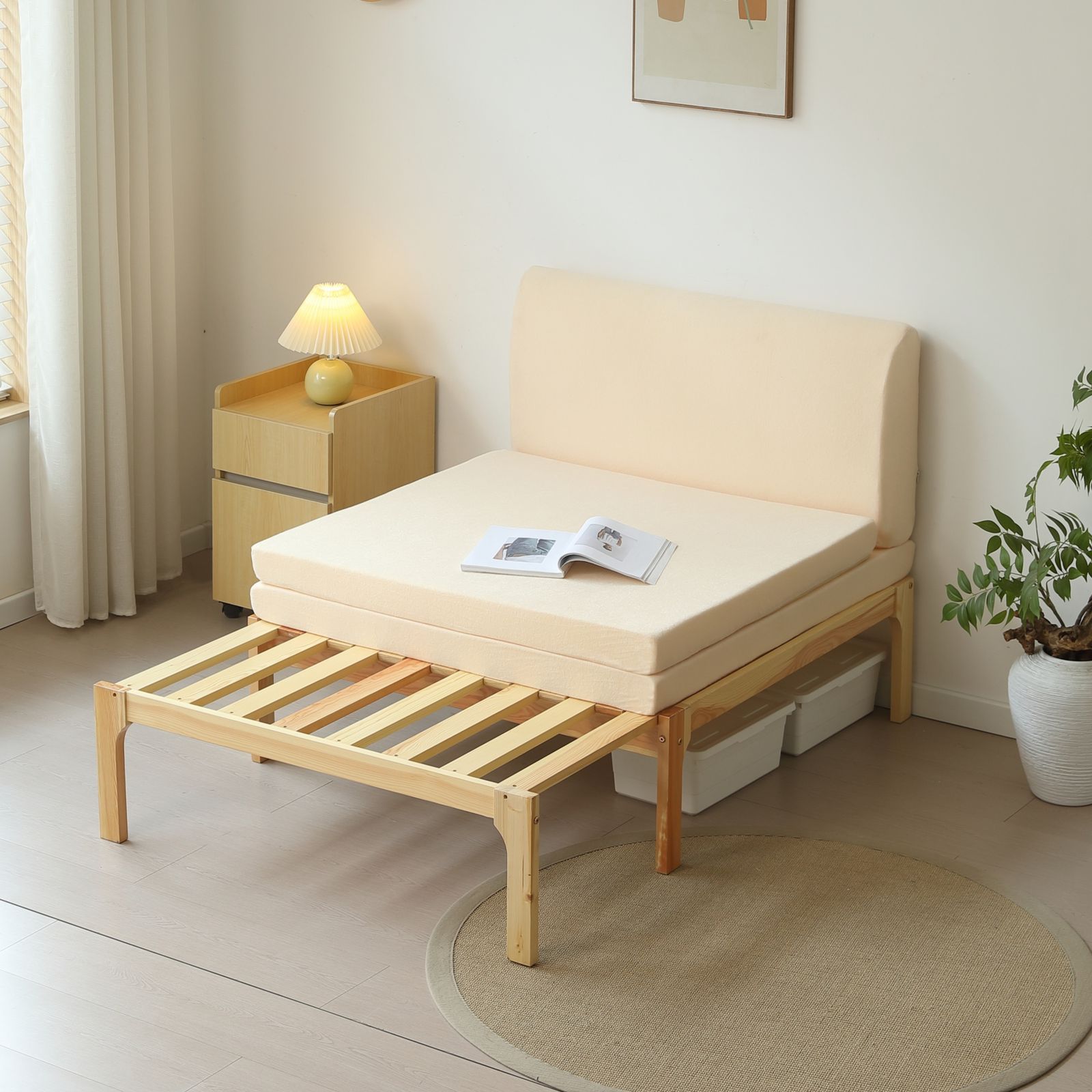 【厚さ8cmベージュマット付き】ディベッド ソファベッド シングル 天然木製 厚さ8cmベージュマット付き ディベッド ソファベッド シングル 天然