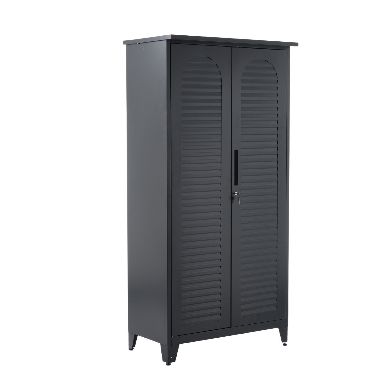 ブラック 物置 収納庫 屋外 大型 倉庫 室外収納庫 屋外収納キャビネット 両開きドア 物置き台 収納ボード付き 収納ポール タオル掛け付き 鍵付き 掃除用具ロッカー 高さ185 cm
