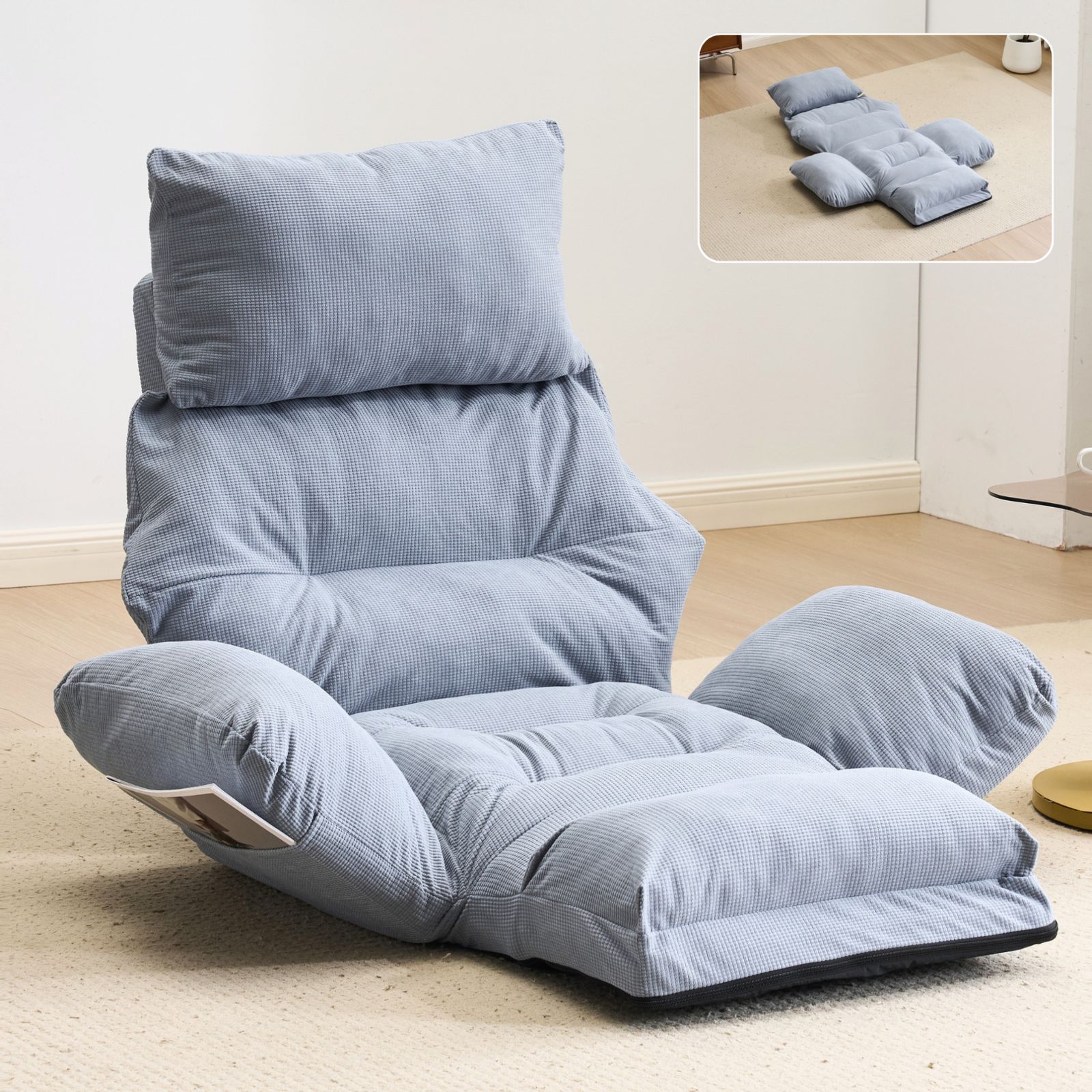 【ブルー】1人掛けソファー ソファーベッド 座椅子 6段調整可能 寝る 座る 座椅子 ソファーベッド 一人掛けソファ 可愛らしいデザイン 背もたれ6
