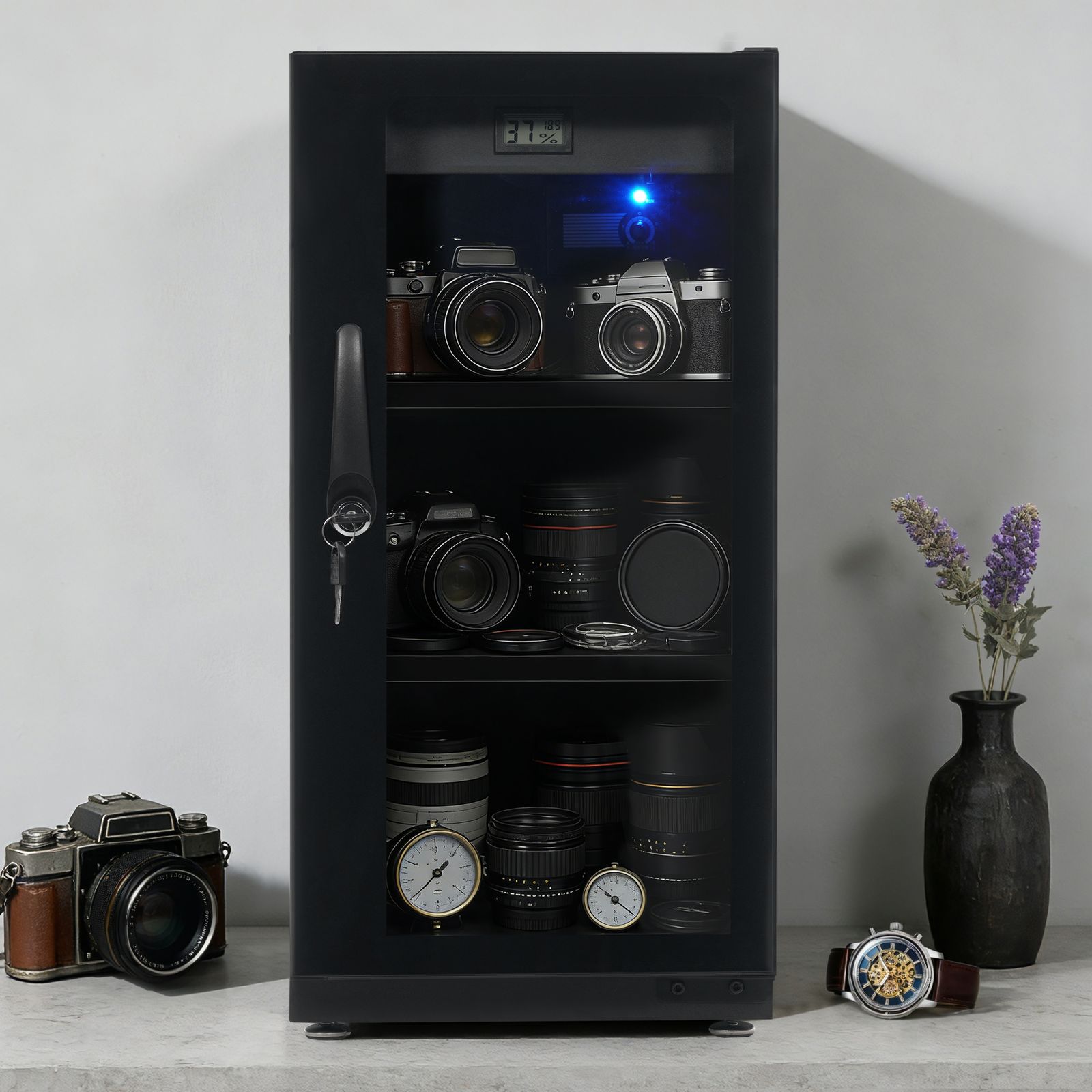 防湿庫 容量50L ブラックドライボックス 自動除湿 カビ対策 静音 鍵