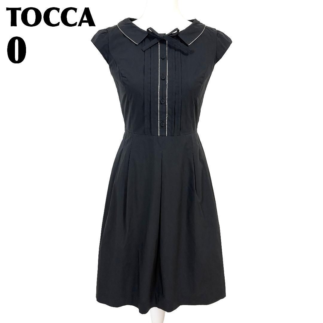 美品】 TOCCA 半袖ワンピース コットン 胸元リボン 0 ブラック 無地
