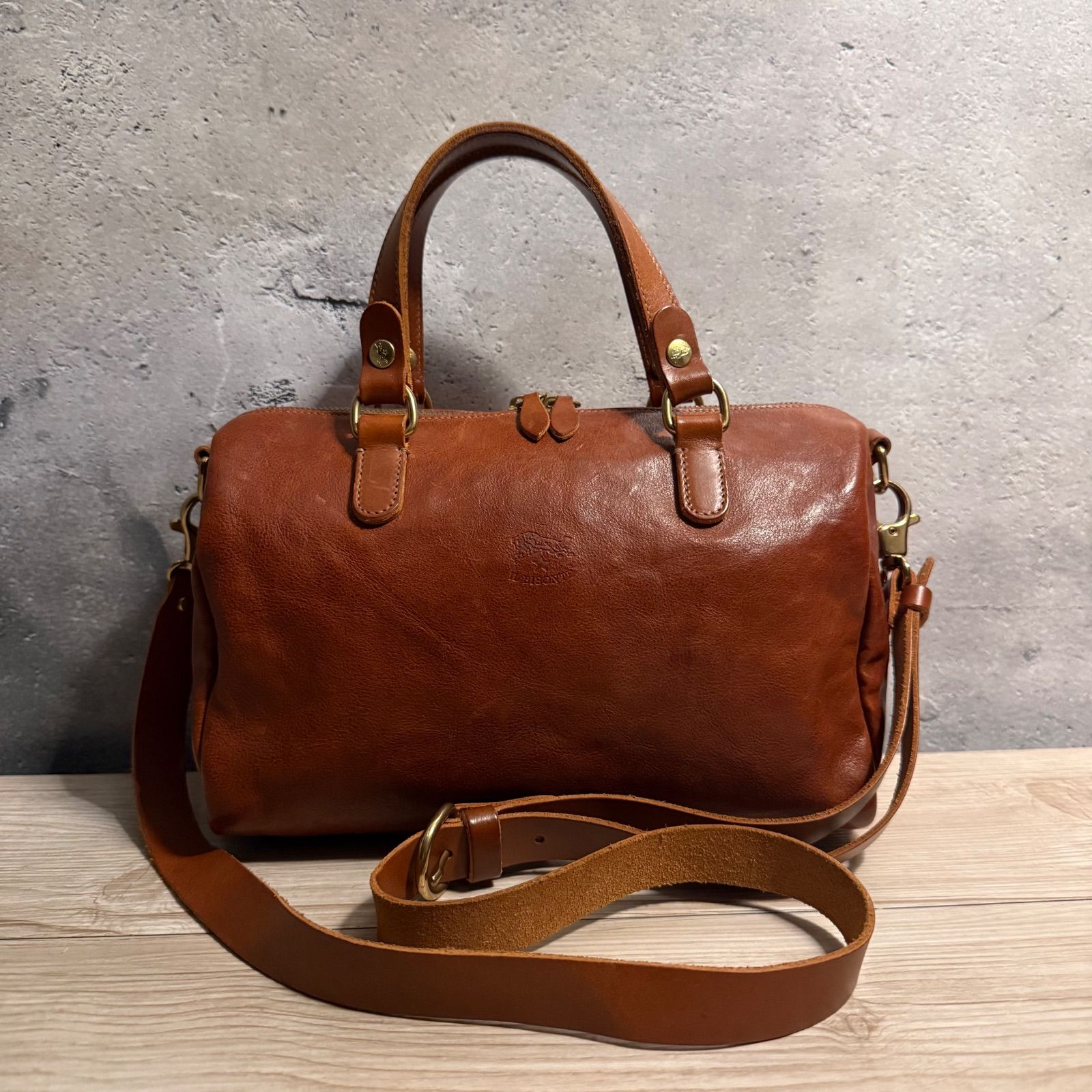 ILBiSONTEレザー本革メンズ2wayショルダーハンドバッグ／ブラウン IL BISONTE イルビゾンテ ミニボストン 2WAY レザーショルダーバッグ