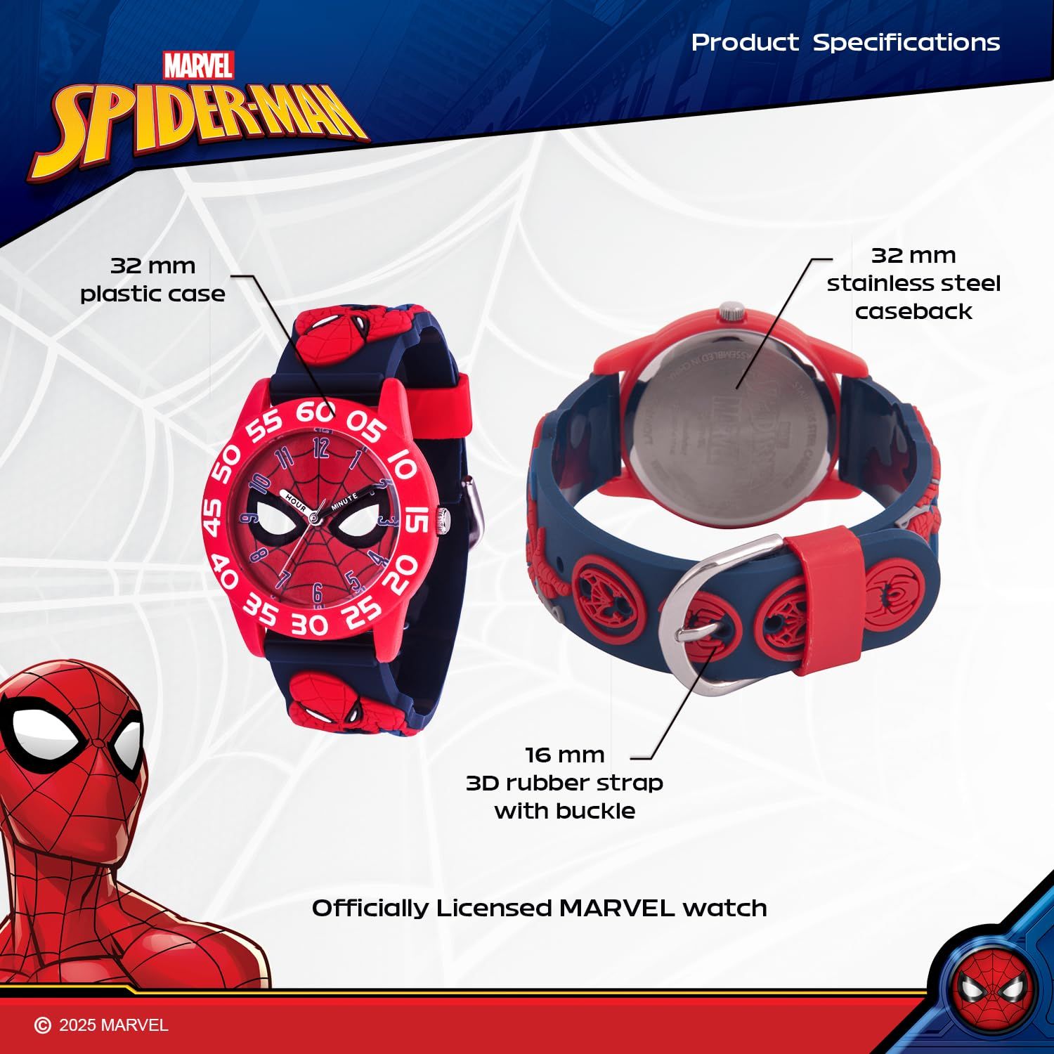 Marvel スパイダーマン 子供用 プラスチック Time Teacher アナログクォーツ 3Dストラップウォッチ, ブラック, クォーツ腕時計。 [ブラック]