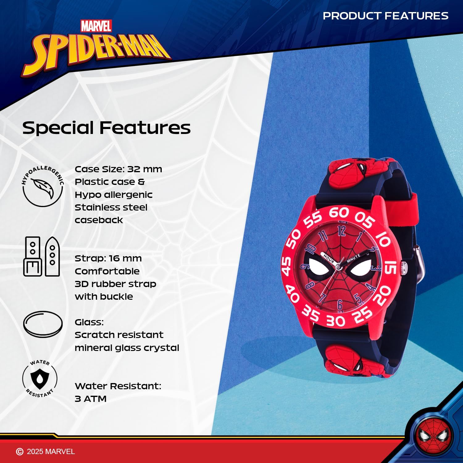 Marvel スパイダーマン 子供用 プラスチック Time Teacher アナログクォーツ 3Dストラップウォッチ, ブラック, クォーツ腕時計。 [ブラック]