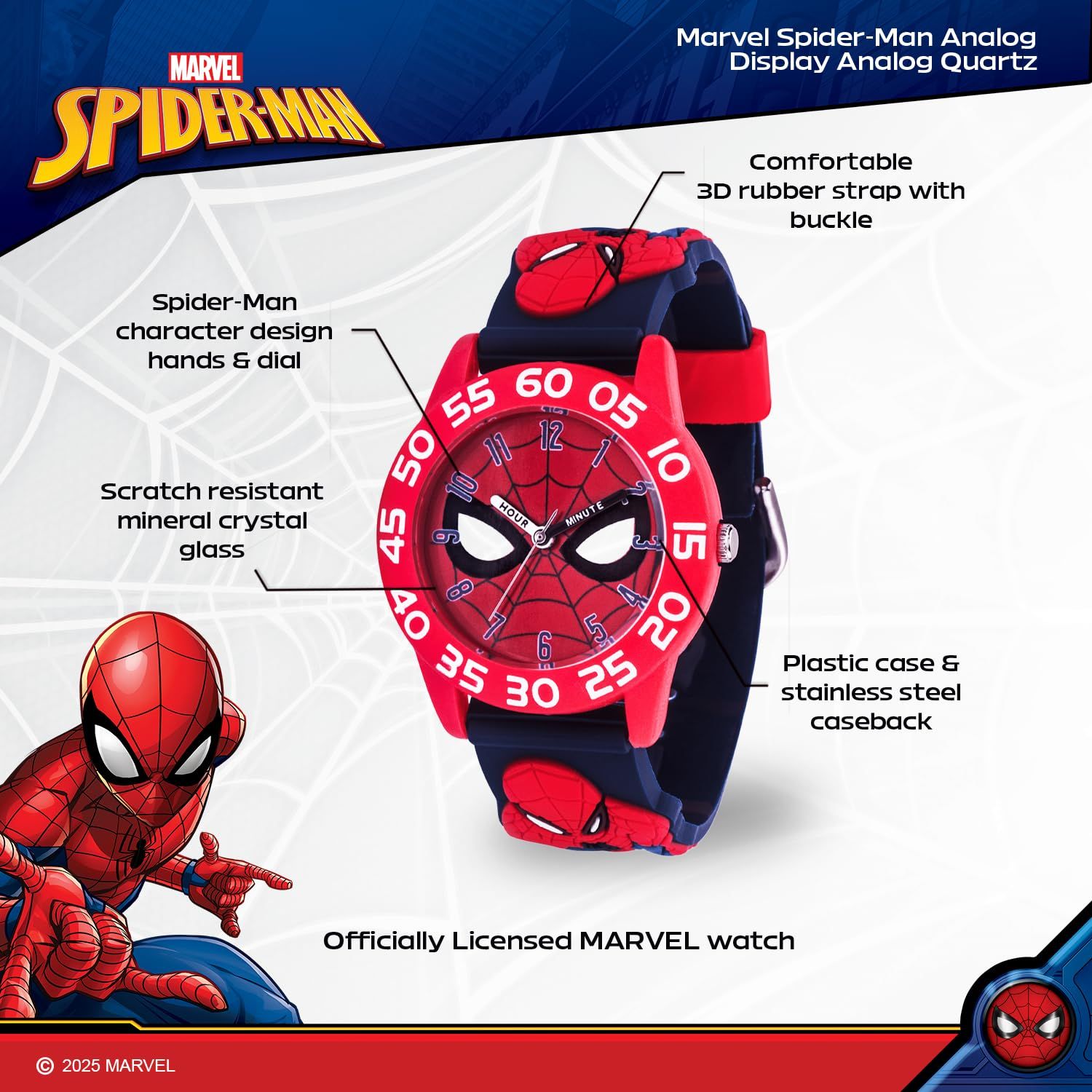 Marvel スパイダーマン 子供用 プラスチック Time Teacher アナログクォーツ 3Dストラップウォッチ, ブラック, クォーツ腕時計。 [ブラック]